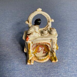 Antique Staffordshire Pottery Fairing Trinket Box With Girl At Vanity